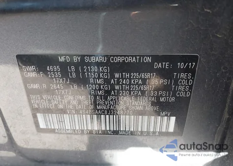 2018 Subaru Outback 2.5I z USA, uszkodzony, nr VIN 4S4BSAAC8J3248770